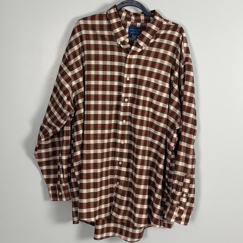 3XLT Plaid Dress Shirt Red Green Long Sleeve Plaid TownCraft Wrinkle Free